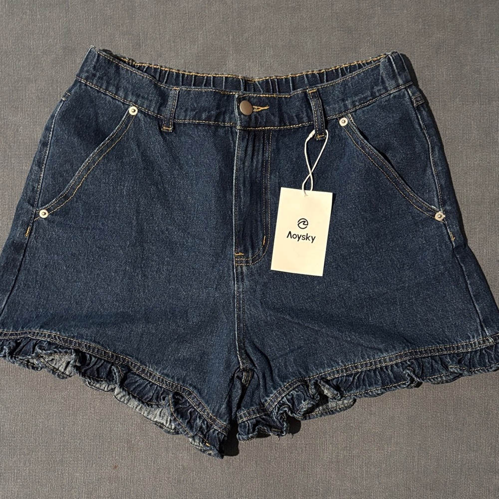 Women's Dark Denim Ruffle Hem Shorts